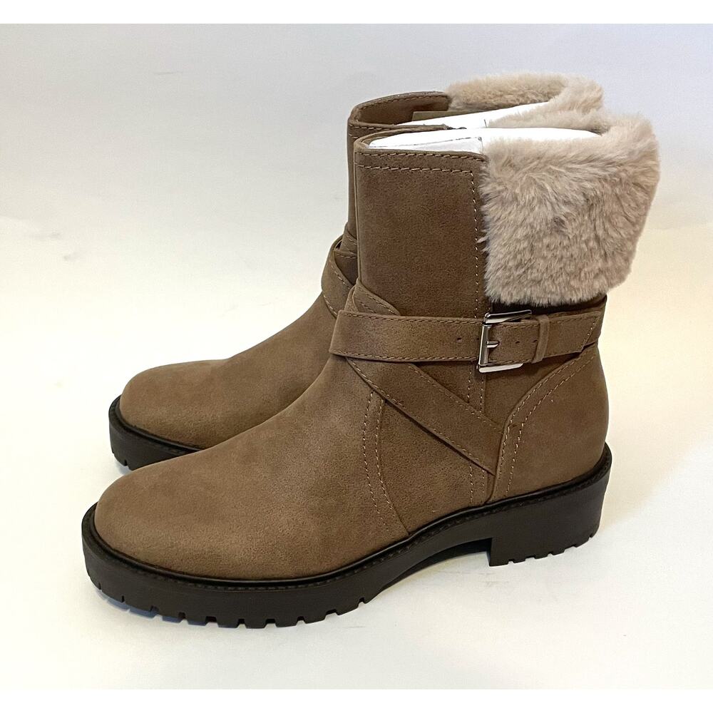 Dolce Vita Leather Buckle Fur Zipper Boot Gray Tan Size 9.5 NEW
